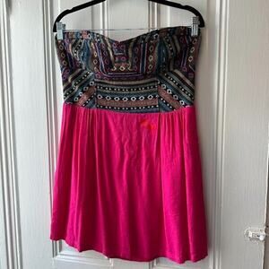 Staring at Stars Mini Dress Womens 12 Pink Embroidered Boho Strapless *Marks